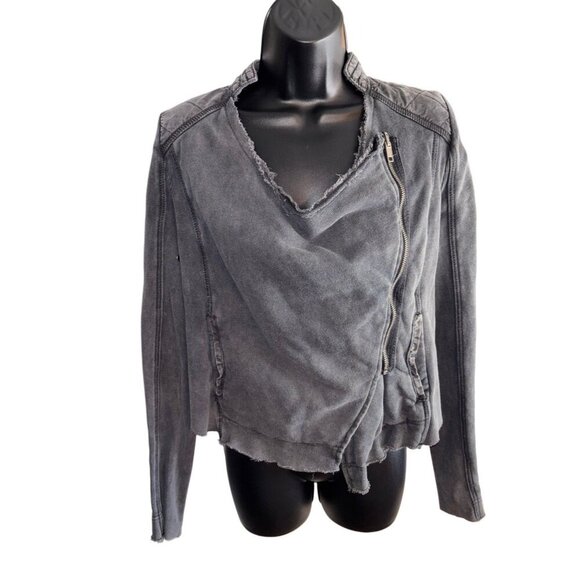 Free People Grey Asymmetrical Zip Up Distressed Shrunken Moto Jacket Coat, Sz S - Picture 2 of 5